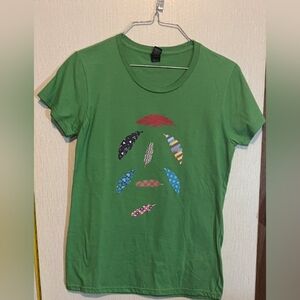 Anvil Green Tee with Colorful Feather Design